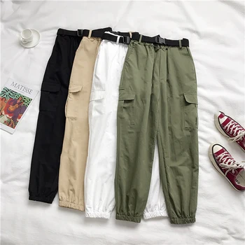 

Streetwear High Waist Cargo Pants Women Loose Black Pants with Belt Womens Trousers Streetwear Hip Hop Pants pantalon mujer
