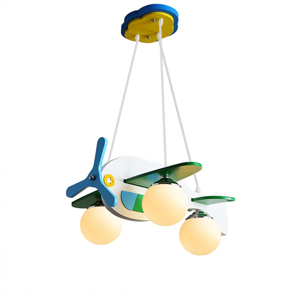 

wood aircraft chandelier Modern Nordic creative E27 White 3 Head bedroom attic Cartoon decorative Eye Protection lights