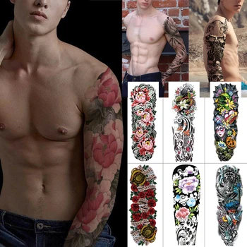 

Full arm large temporary tattoo sticker Lotus lily flower Watercolor tattoos Dragon skull buddha Black ink waterproof tattoo men