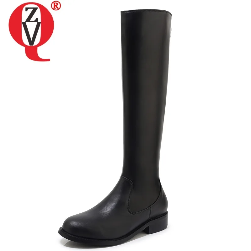 

ZVQ winter new concise casual knne high boots outside comfortable low heels round toe genuine leather women shoes drop shipping