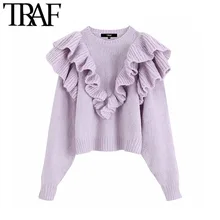TRAF женский винтажный милый гофрированный короткий Стильный вязаный свитер модный круглый вырез с длинными рукавами стильные пуловеры пышные женские шикарные топы