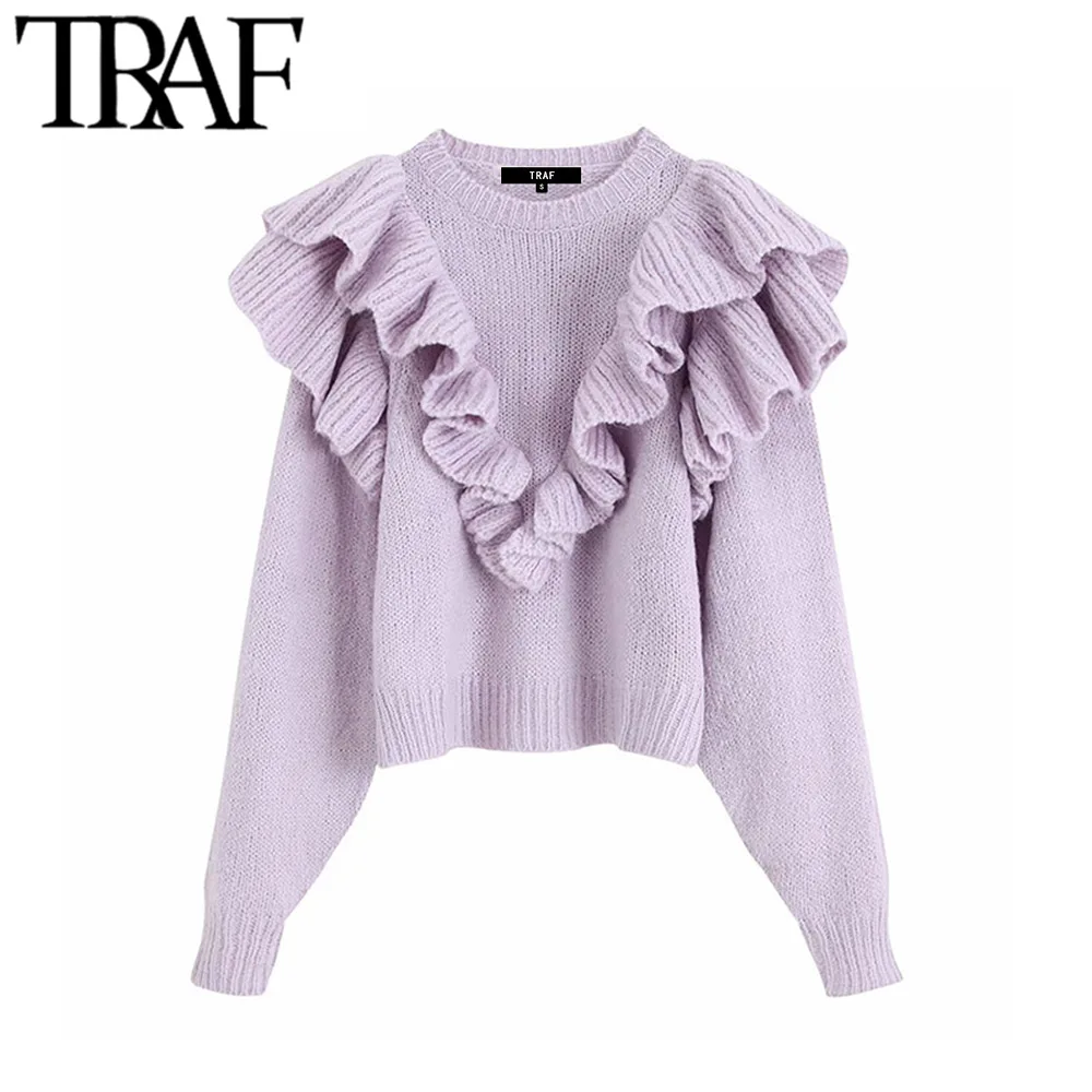 

TRAF Women Vintage Sweet Ruffled Short Style Knitted Sweater Fashion O Neck Long Sleeve Stylish Pullovers Puff Femme Chic Tops