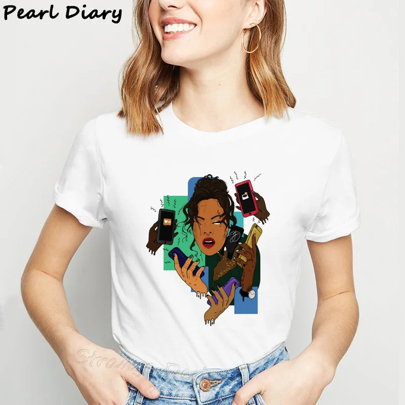 Melanin Poppin/футболки с графическим принтом для женщин, белая футболка с короткими рукавами, черный топ для девочек с кудрявыми волосами в африканском стиле, футболка Harajuku - Цвет: WOD-159-6