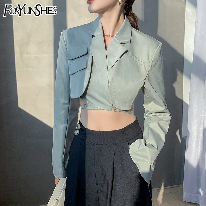 FORYUNSHES Women Lace Up Chic Blazers Coat Long Flare Sleeve Notched Collar Crop Tops 2020 Fashion New Slim Short Femme Clothes