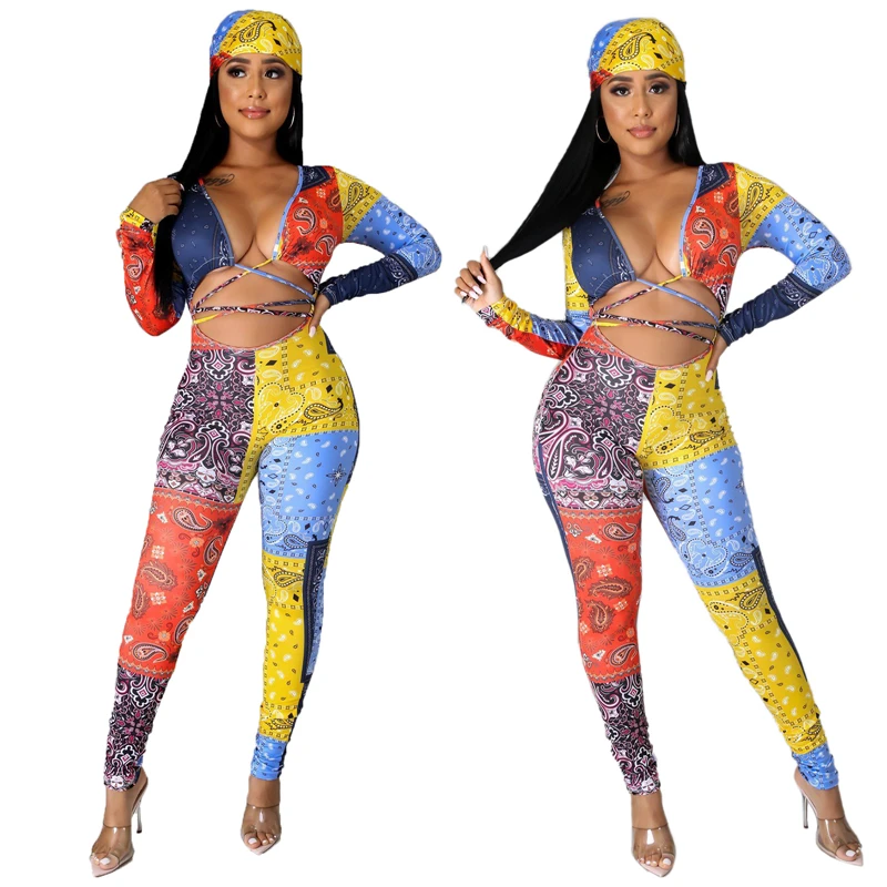 

PD Womenâ€™s Casual Long Sleeve Jumpsuit Fashion Color-block Printing Lace-up Tight-fitting Long Jumpsuit Bodycon Overall