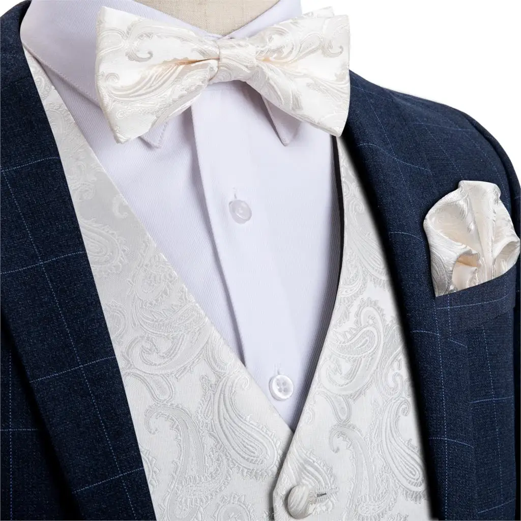 Мужской белый Пейсли Модный Шелковый свадебный жилет для мужчин галстук-бабочка платок запонки набор галстуков для костюма смокинг DiBanGu MJ-118