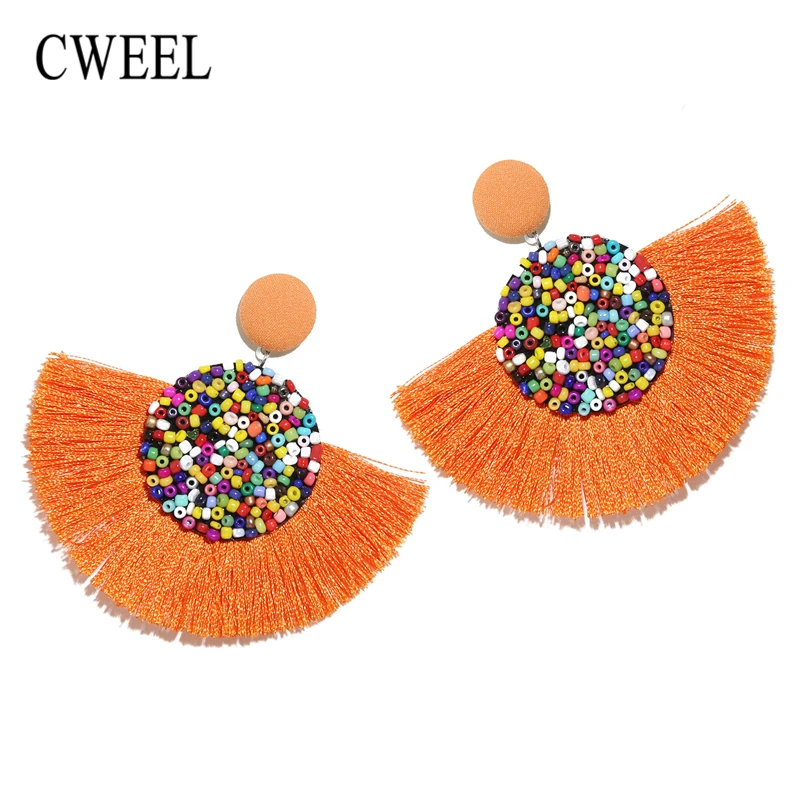 

CWEEL Drop Tassel Beads Earrings for Women Vintage Statement Blue Pink Big Dangle Fringe Fashion Bohemian Earrings Party Jewelry