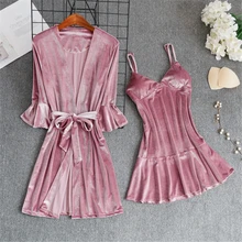 Женская ночная рубашка, набор, Золотая Бархатная ночная рубашка, платье на бретелях, комплект из двух предметов, рукав три четверти, сексуальная ночная рубашка, женский халат