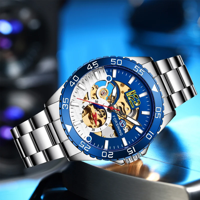 Forsining Брендовые спортивные автоматические часы со скелетом мужские светящиеся механические наручные часы из натуральной нержавеющей стали Relogio Masculino