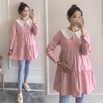 

9509# Autumn Spring Fashion Cotton Maternity Shirts Sweet Lovey Ties Waist Tunic Clothes for Pregnant Women Pregnancy Tees Tops