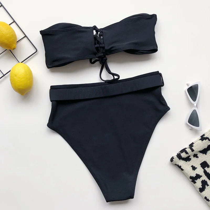 INGAGA Высокая Талия бикини 2021 купальник женский Бикини бандо Biquni Maillot De Bain