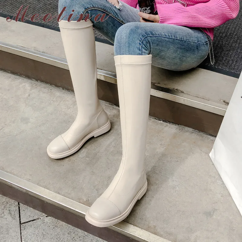 

Meotina Winter Riding Boots Women Natural Genuine Leather Thick Heel Knee High Boots Zipper Round Toe Long Shoes Lady Size 34-39