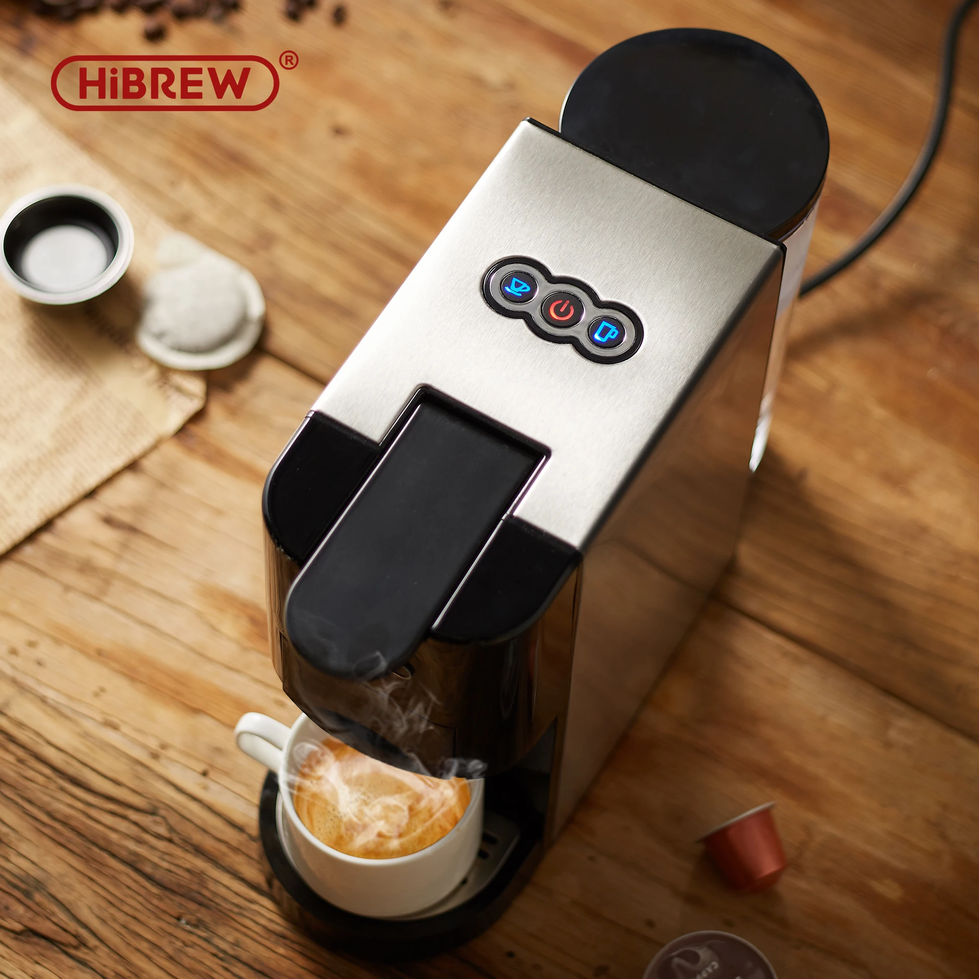 HiBREW 4 in 1 multiple capsule expresso machine for Dolce gusto nespresso ESEpod coffee maker powde Brushed stainless steel body