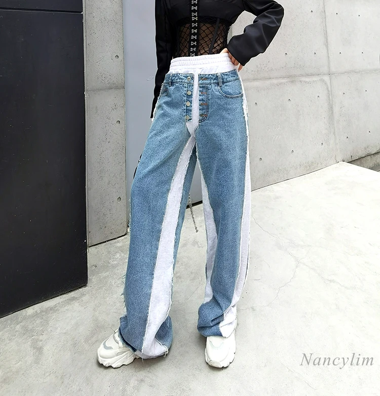 

Long Jean Pants Women 2020 Autumn New Knitted Patch Jeans Women's Casual Fashion Wide Leg Pants All-match Fashion Trouers Lady