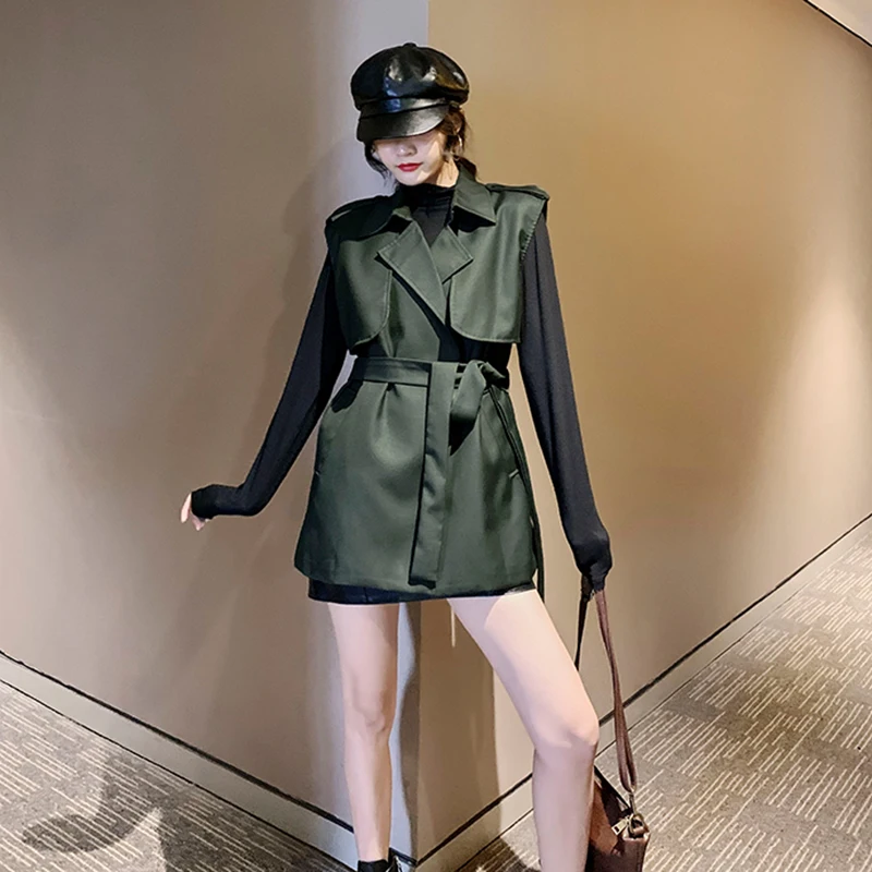 GALCAUR Tunic Autumn Women's Vest Coat Lapel Collar Sleeveless High Waist Lace Up Jackets For Female Clothing Fashion Tide