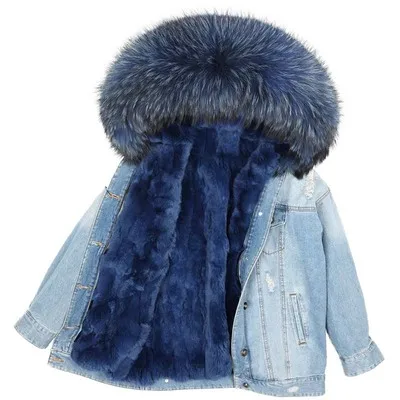 Rabbit fur liner Мех лисы Подклад Деним куртка Пальто Парка Воротник мех енота Женщины Пальто Куртки Деним - Цвет: Rabbit fur liner
