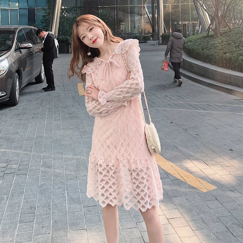 

2020 Spring Clothing New Style WOMEN'S Dress Solid Color Hollow out Lace French Platycodon Grandiflorum Skirt Long-sleeved Dress