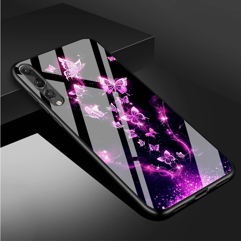 huawei pu case Butterfly Tempered Glass Phone Case For Huawei P20 P30 P40  P40 Lite Pro Psmart Mate 20 30 Cover Shell silicone case for huawei phone