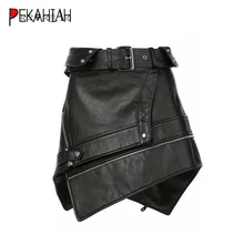 Сексуальное асимметричное Высокая талия мини-юбки женские черные меховые кожаные юбки в уличном стиле, на молнии, в стиле «панк-рок» пояса юбки