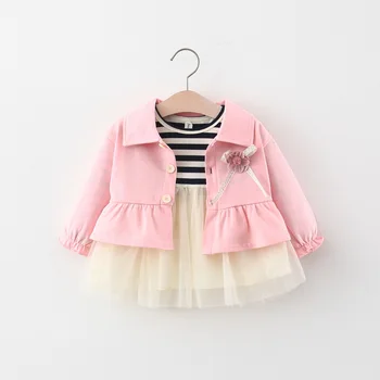 

2020 Autumn Baby Girls Long Sleeve Striped Patchwork Mesh Tutu Dress + Flower Cardigans Outerwear Kids 2Pcs Clothes vestidos