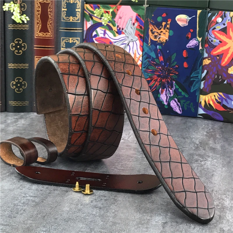 

Retro Hand Carving Luxury Top Thick Leather Men Belt Without Buckle Cinturon Mujer Mens Leather Belts Without Buckles SP10