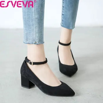 

ESVEVA 2020 Pointed Toe Fashion Women Shoes Square Heel Buckle Elegant Women Pumps Flock Shallow Single Shoes Big Size 34-43