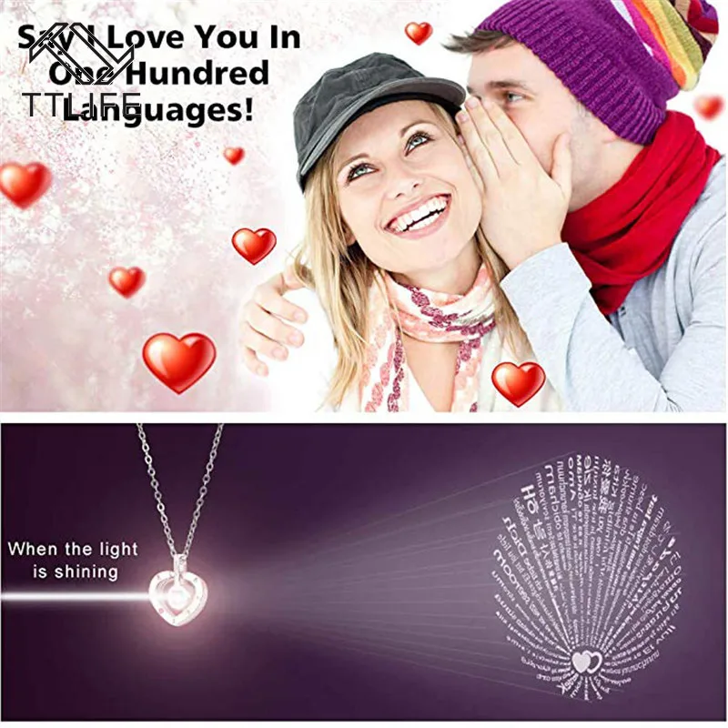 

TTLIFE Love Memory Jewelry 100 Languages I Love You Projection Charm Necklaces Crystal Pendant Necklace for Women Jewelry Gifts