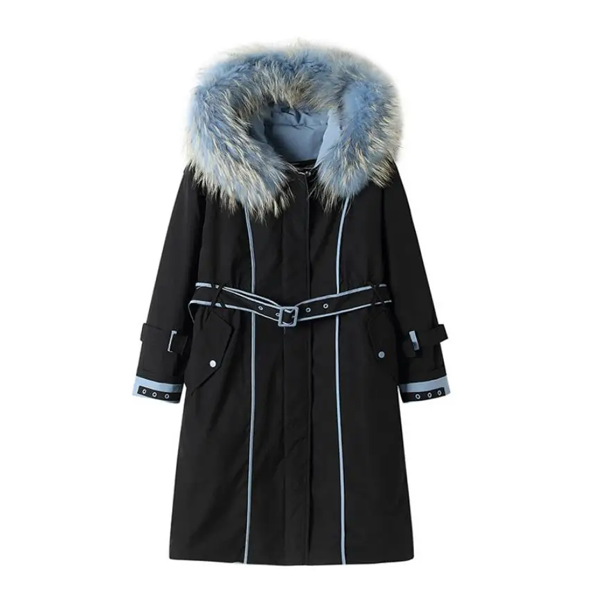 Меховые парки, Зимняя мода, хорошее качество, длинное пуховое пальто для женщин, большой натуральный мех енота, теплые пуховики с поясом F572