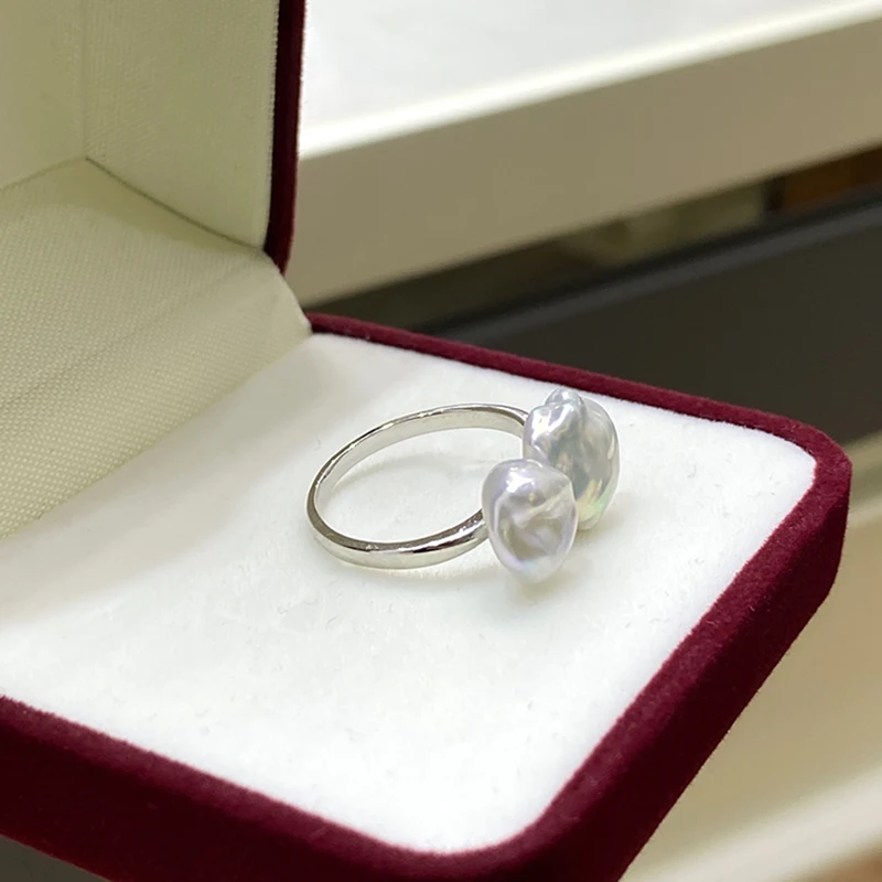 2021 Summer Female Pearl Ring Baroque Pearl Open Ring Adjustable Ring Setting Double Bead Ring Simple Female Ring Woman's Jewelr 