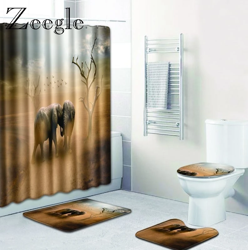 Zeegle 3D Printed Elephant Toilet Rug and Shower Curtain Anti-slip Bathroom Shower Mat Foot Rug Washable Bathroom Floor Mat
