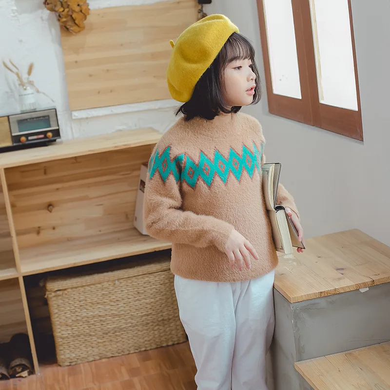 

Western Style GIRL'S Sweater Mink Cashmere 2019 Autumn And Winter New Style CHILDREN'S Garment Pullover Baby Girls Rhombus Thick