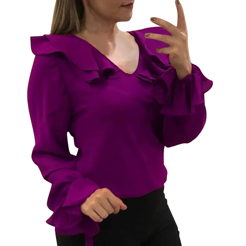 Женский blusas mujer de moda 2019 Элегантный чистый цвет v образный вырез с оборками