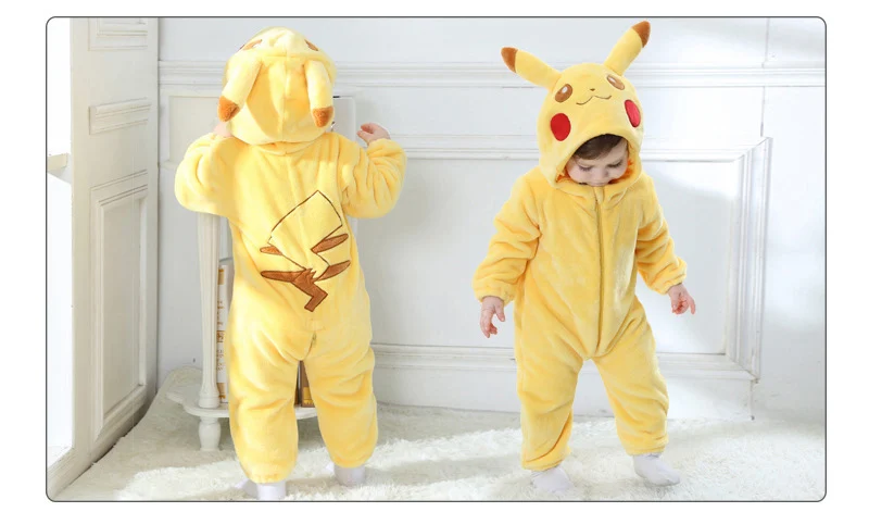 Hot Kawaii Baby Winter Yellow Pajamas Long Sleeve Cute Anime Rompers Hooded For Boys Girls Fantasia Warm Cotton Jumpsuit Clothes cute baby bodysuits