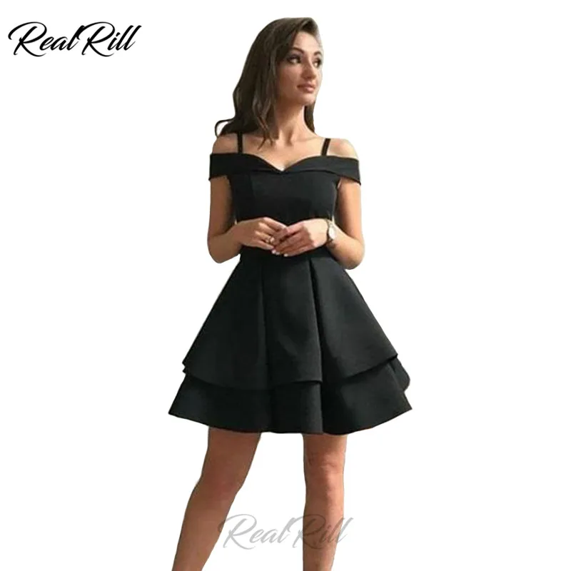 

Real Rill Off The Shoulder Homecoming Dresses Spaghetti Straps Lace Up Back Mini Short Satin Graduation Dresses