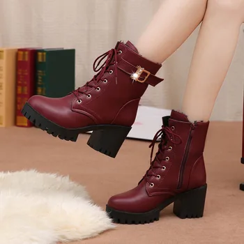 

Women Boots Lace Up Flat Biker Combat Wine Red Boots Shoes Buckle Woman botas Women Martin Boots rtg67