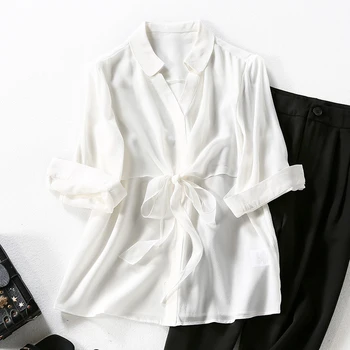 

Elegant Fashion 100% Natural Real Silk Women Shirt Blouse Summer White Black Turn-down Collar Solid Patchwork Lady Tops Blouses