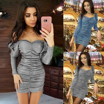 

Women's Sexy Sequined Dress Flare Long Sleeve Bodycon Evening Party Club Mini Dress