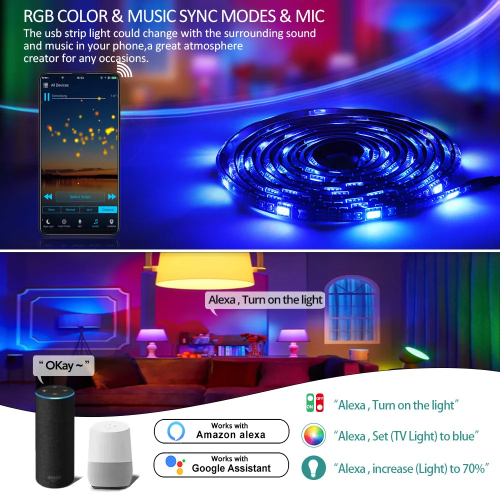 Светодиодная лента с Wi Fi RGB 5050 SMD USB Диодная светильник Кая для подсветки