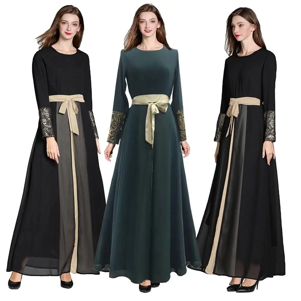 Женское мусульманское длинное платье макси в стиле пэчворк с поясом Abaya
