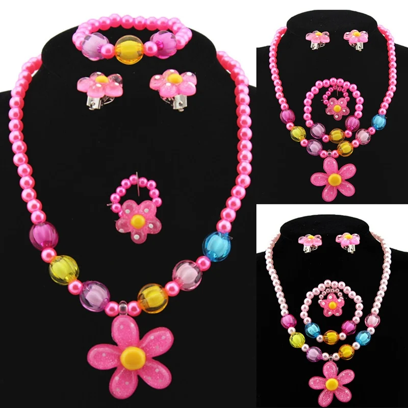 Candy Beads Resin Plastic Kids Jewelry Set For Children Flower Pendants Cute Necklace Bracelet Ring Earrings Baby Jewelry