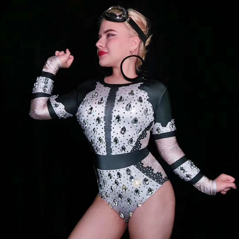 Roupa Feminina комбинезон со стразами для ночного клуба, спандекс, женское вокальное шоу, платье с длинными рукавами, Женский костюм для танцев GoGo VDB1005