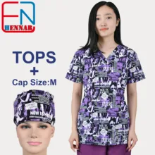 Женские медицинские топы с принтом Hennar, хлопок, больничная медицинская форма, доктор, стоматолог, рабочий скраб-топ, v-образный вырез, короткие рукава