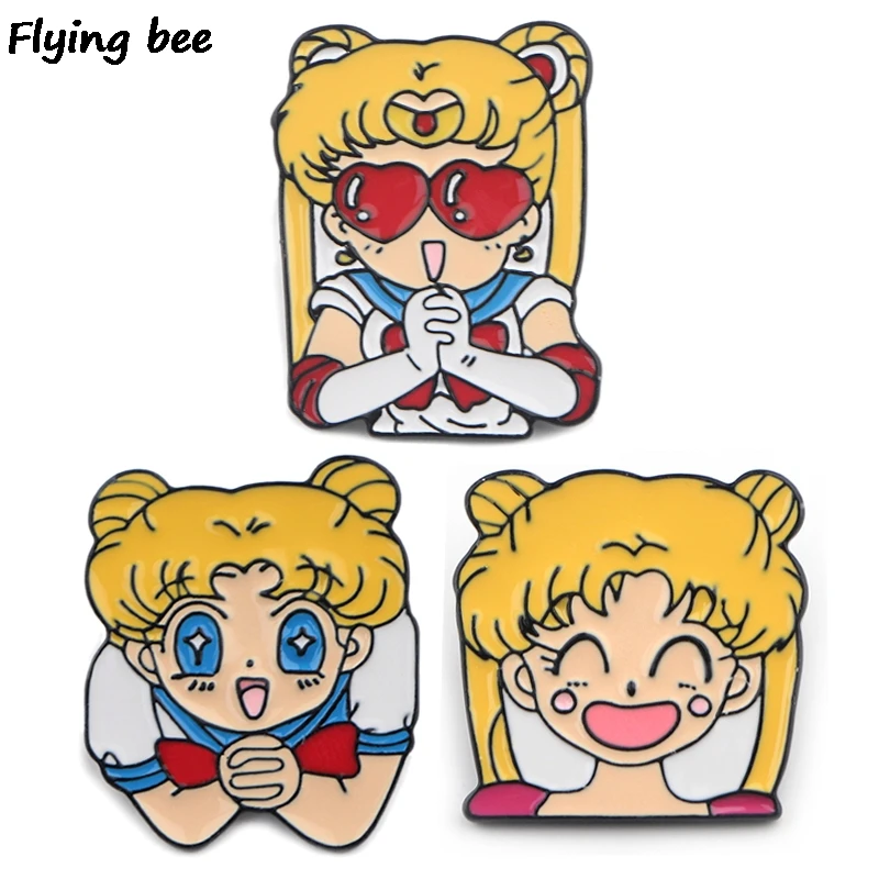 Flyingbee Сейлор Мун Девушки Эмаль Булавка брошка мультфильм коллекция металлическая брошь значок для женщин мужчин Ювелирные изделия Подарки X0413