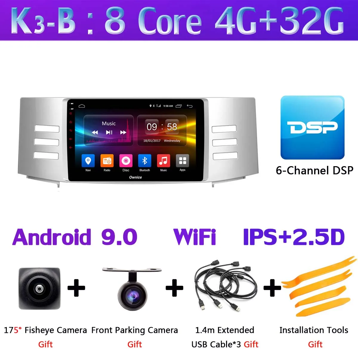 Панорамная камера 360 ° 4G SIM WiFi Android 9,0 4 Гб+ 64 Гб SPDIF DSP CarPlay Автомобильный плеер для Toyota eiz Mark X 2005-2009 gps радио - Цвет: K3-B