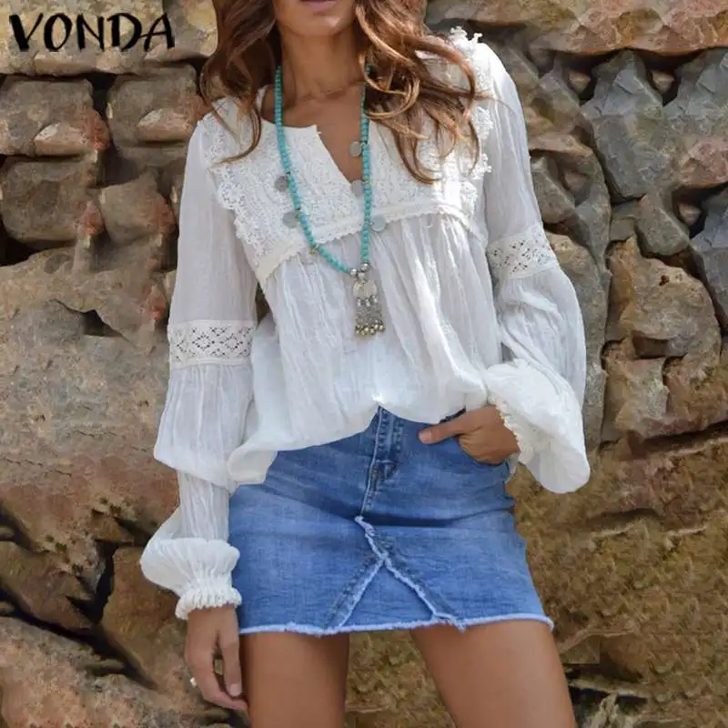 

VONDA Women Lace Blouse Sexy V Neck Long Lantern Sleeve Blouses Bohemian Tops 2020 Spring Female Beach Shirts 5XL Hollow Blusas