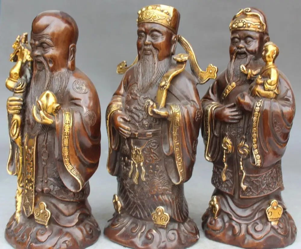 6710540++ 1" помеченная китайская Бронзовая позолоченная подставка Fu Lu Shou 3 Mammon Immortal God набор статуя