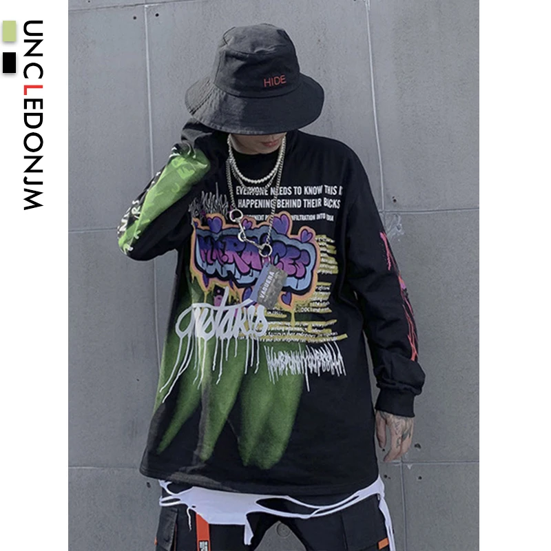 UNCLEDONJM Graffiti Printed T-shirts Men Women 2019AW Long Sleeve Casual Cotton Tops Tees Harajuku Streetwear Hip Hop Tshirt R06