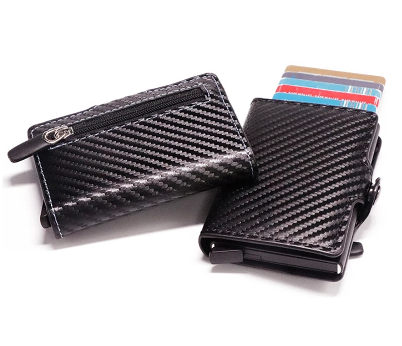 New RFID Blocking Slim Carbon Fiber Leather Wallet Metal Card Case Coin Pocket Purse Minimalist Aluminum Wallet ID Card Holders