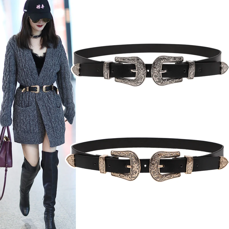 Популярный пояс Модные Винтажные Boho металлические кожаные ремни для женщин Рок Высокое качество двойной пряжкой пояс Джинсы черный пояс