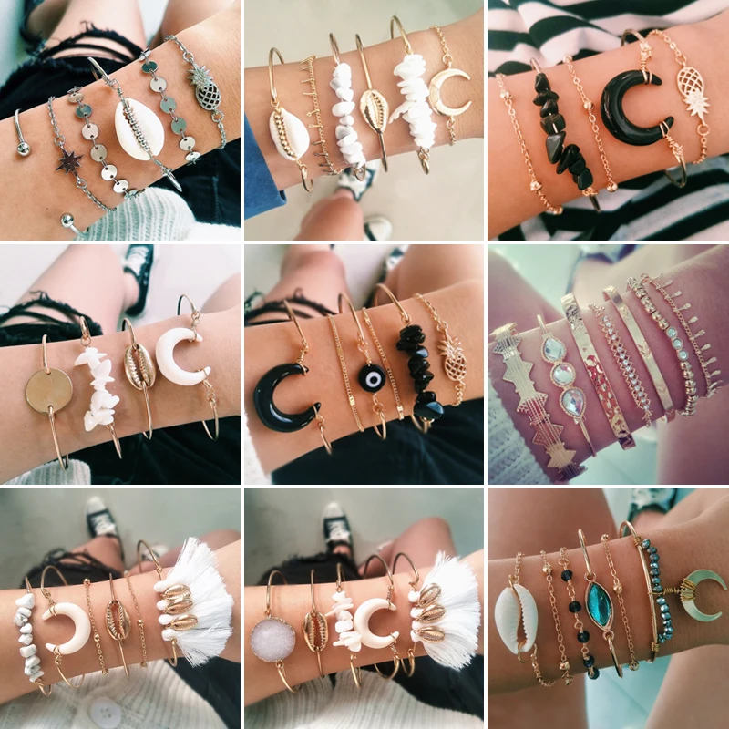 21 стиль женский модный браслет с Луной и листьями крест кристалл геометрия набор